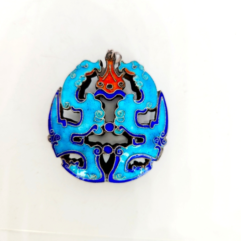Vintage Unique Enamel Cloissoné Sterling Silver Twin Dragon Pendant 2"L x 1.5"W